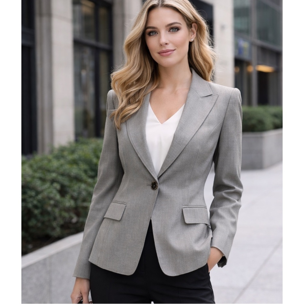 Anne Klein Gray One Button Blazer 100% wool Blazer jacket Career XS 2 suit small